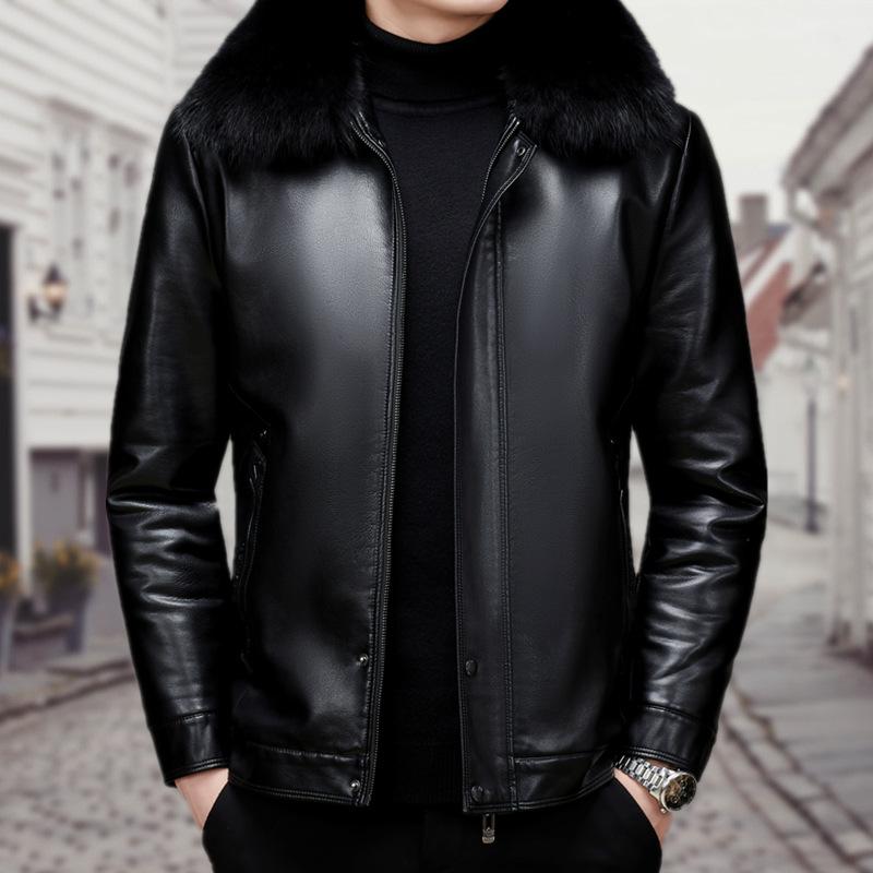 Winter New Middle-aged Men's Fur Integrated Genuine Leather Jacket Men's Velvet Thickened Lapel Leather Jacket Men's Coat
