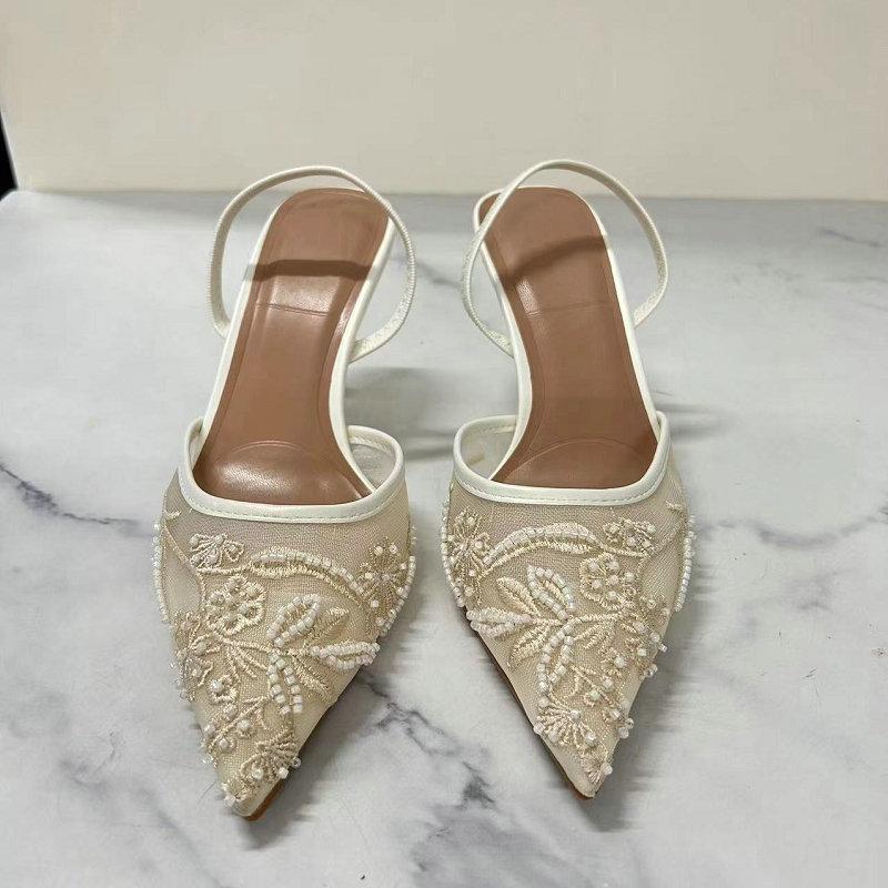 Fashion 2025 Spring And Summer Wear Fashion Shallow Mouth Pointed Net Rhine-Diamond Pearl After Empty High-Heeled Sandals Women'S Shoes