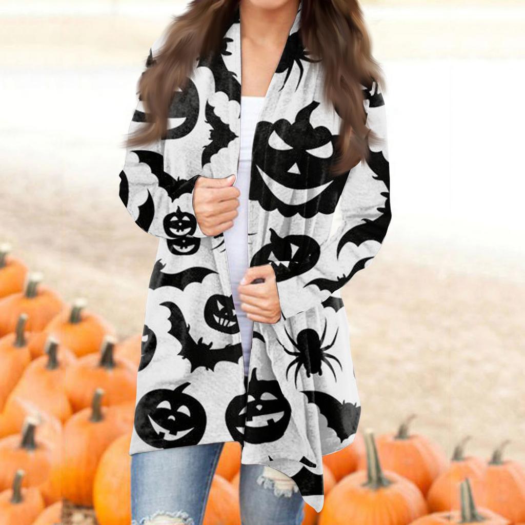 Женская мода, повседневный кардиган с принтом на Хэллоуин, средней длины, с длинными рукавами, пальто