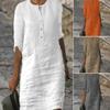 Women Summer Dress Round Neck Three Quarter Sleeves Knee Length Solid Color Buttons Loose Pullover Soft Casual Breathable Lady Fall Spring Midi Dress