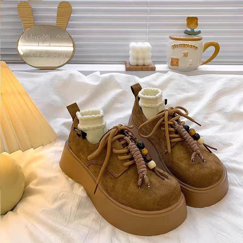 Ретро Лоферы на шнуровке с небольшой платформой для женщин 2025 Осень Новые Повседневные Универсальные на толстой подошве Бокен Обувь Одинарная обувь