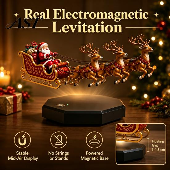 Floating Christmas Decoration Santa Sleigh, Flying Sleigh Magnetic Levitation Display, Compact Table Ornament Claus Tabletop Decor for Home,