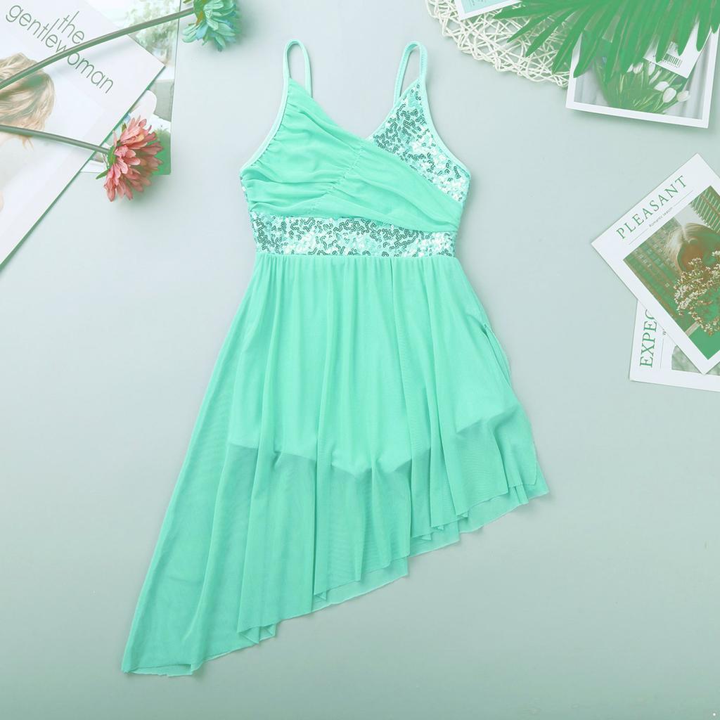 Балетное трико с блестками для девочек, лирическое современное танцевальное платье, нерегулярное платье с высоким и низким вырезом