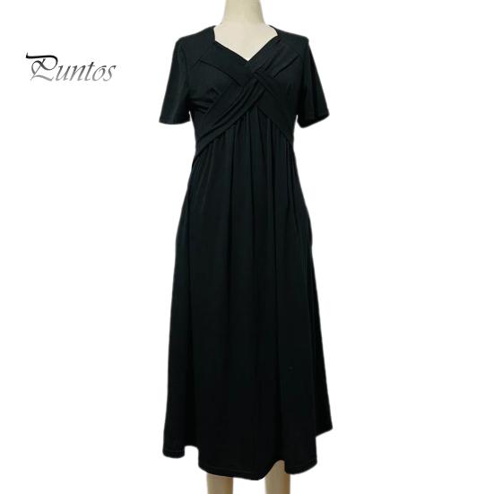 Женское летнее платье с плиссированным ремешком и V-образным вырезом с короткими рукавами, однотонное платье с карманами трапециевидной формы со свободным подолом, дышащее мягкое платье миди для свиданий