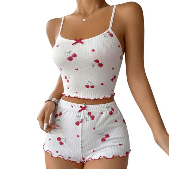 2 Pcs/Set Women Vest Shorts Suit Bow Cherry Print U Neck Sleeveless Top High Waist Short Trousers Homewear Loungewear Outfit Summer Sleepwear