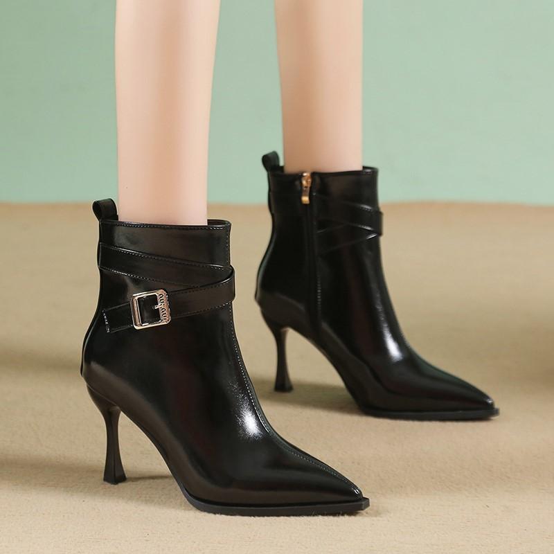 Модные женские зимние ботильоны большого размера на высоком тонком каблуке, для вечеринки, офисные, с острым носком, на молнии и с пряжкой, в стиле панк, короткие ботинки 2024 новинка