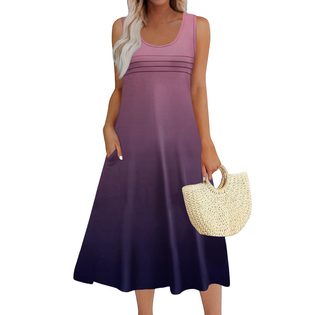 Женское модное пляжное платье без рукавов с круглым вырезом и карманами, длинные платья с градиентом
