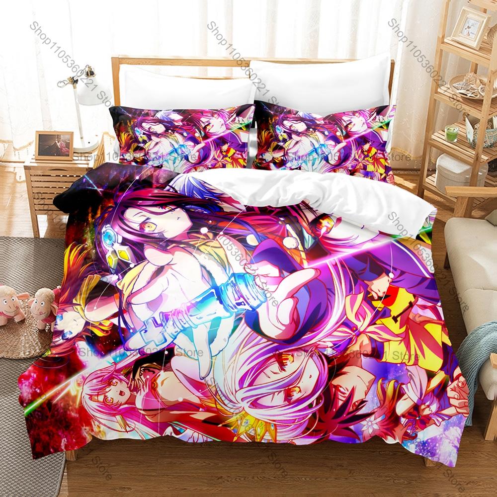No Game No Life Duvet Cover + 2 Pillowcases, Classic Fantasy Anime Print Bedding Set Soft Fabric Decor Gift for Anime & Game