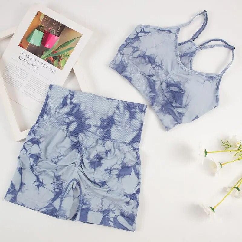 Tie Dye Набор для йоги Женские шорты для йоги с высокой талией Бесшовные леггинсы для тренировок Бесшовный спортивный костюм Велоспорт Бюстгальтер для бега Спортивный костюм Эластичный фитнес-наряд