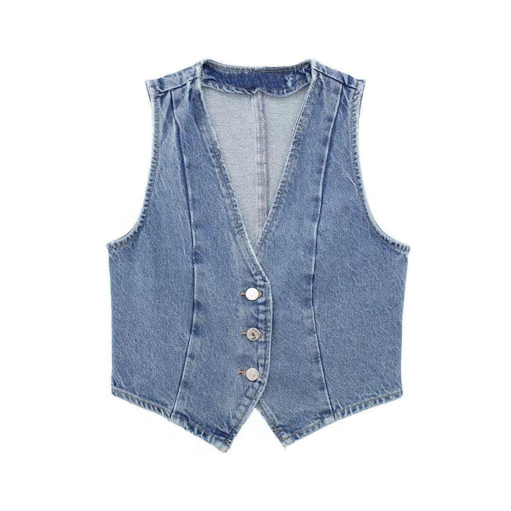 European & American Style Women's Slim Denim Vest and Wide-Leg Pants Set