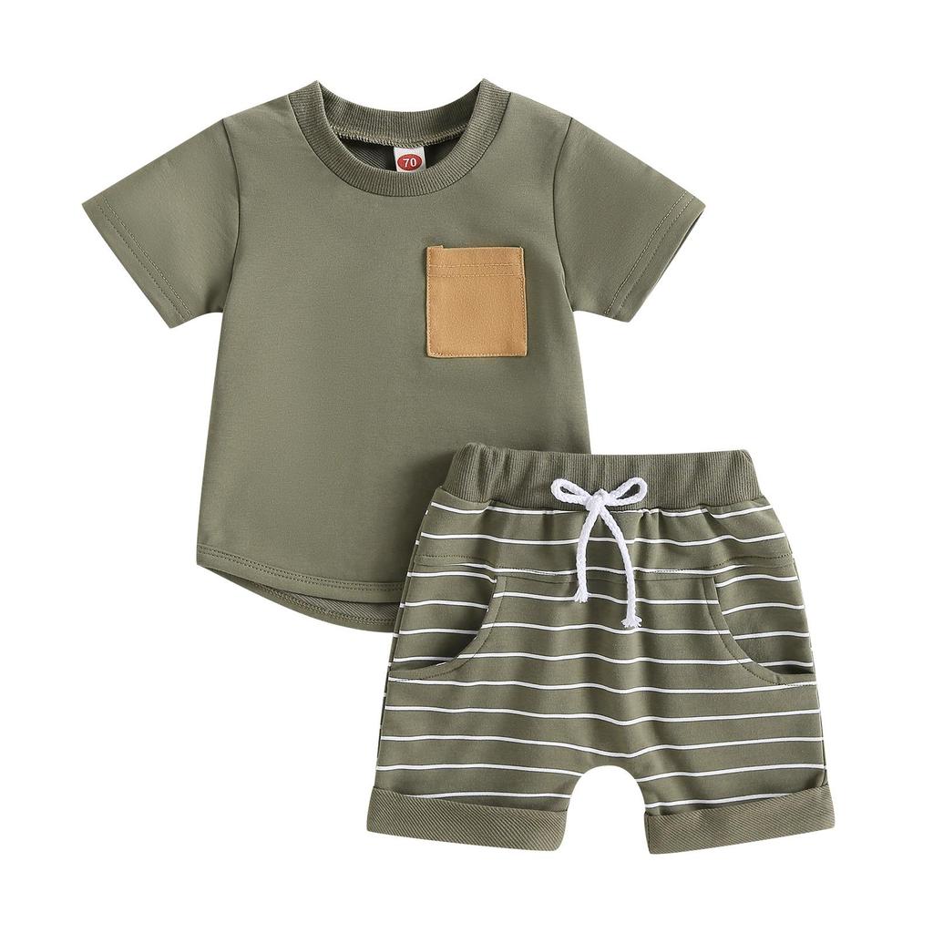 Toddler Baby Boy Summer Clothes Color Block Short Sleeve T-Shirt Tops Solid Shorts Set 2Pcs Infant Causal Outfits
