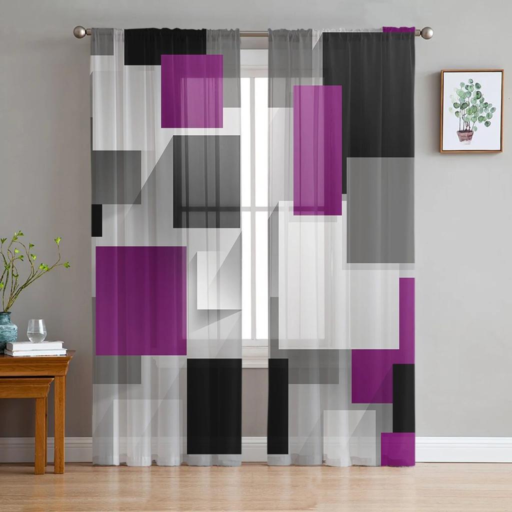 Geometric Figures Red Black Grey Abstract Bedroom Transparent Sheer Curtains Holiday Decoration Window Voile Tulle Curtain