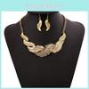 Fashion Rhinestone Decoration Feather Design Women Gold Necklace And Earring Set For Unisex Fashion And Wreath Decor
