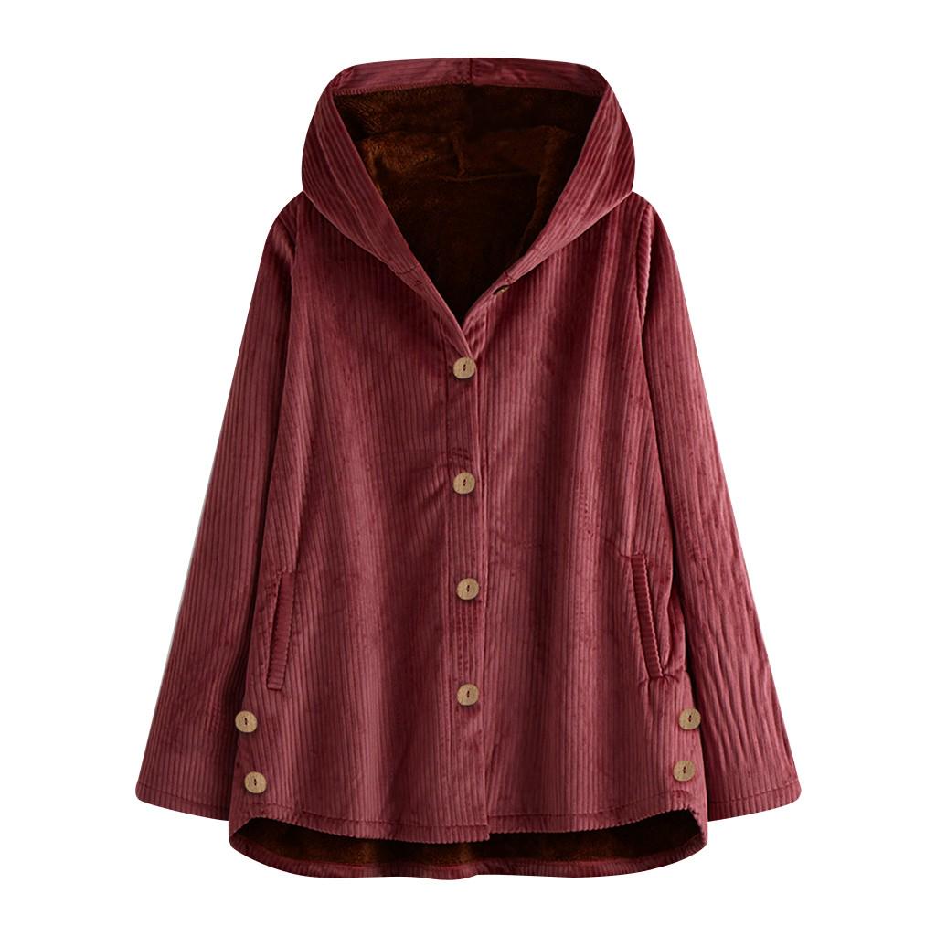 Plus Size Women Winter Warm Solid Button Pockets Thicker Hooded Coat Outwear