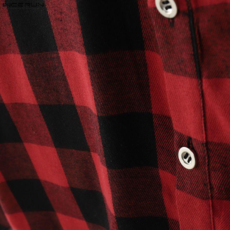 INCERUN S-XXXXXL Мужские рубашки с отложным воротником, длинным рукавом, клетчатые, свободного кроя, в стиле кэжуал