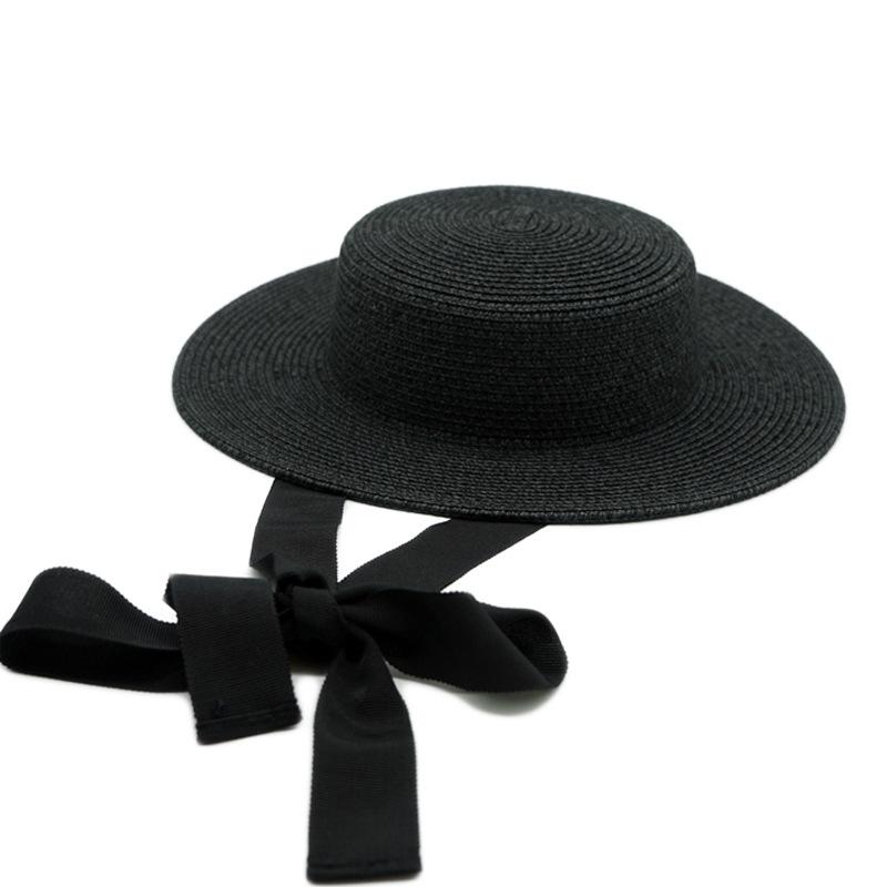 French Retro Black Light Top Low Top Flat Top Top Top Hat Women'S Summer Sunshade Vacation Beach Sun Protection Strap Straw Hat