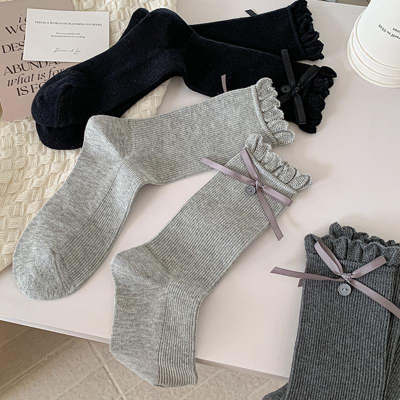 Женские весенне-осенние милые носки с лентами-бантами, пуговицами и кружевом в балетном стиле