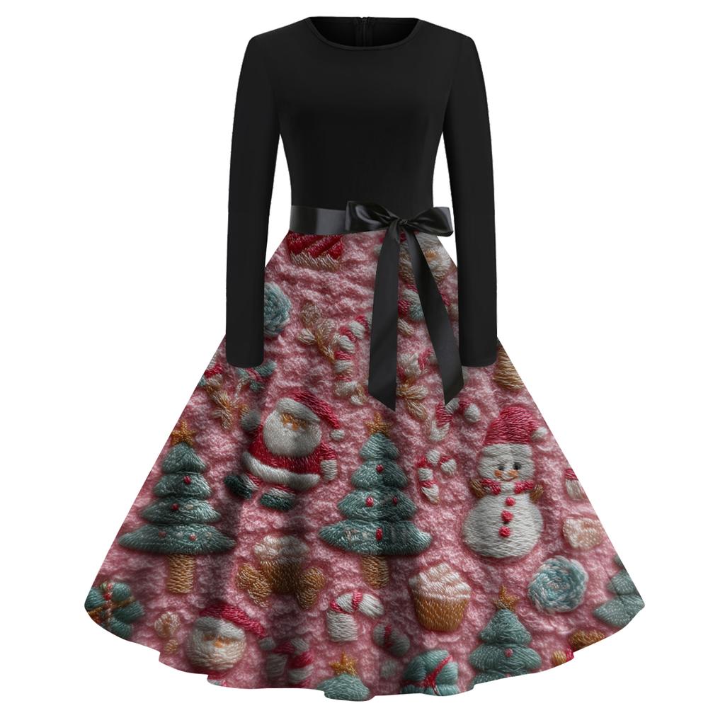 Женское модное повседневное платье приталенного кроя с круглым вырезом, рождественским принтом и длинными рукавами