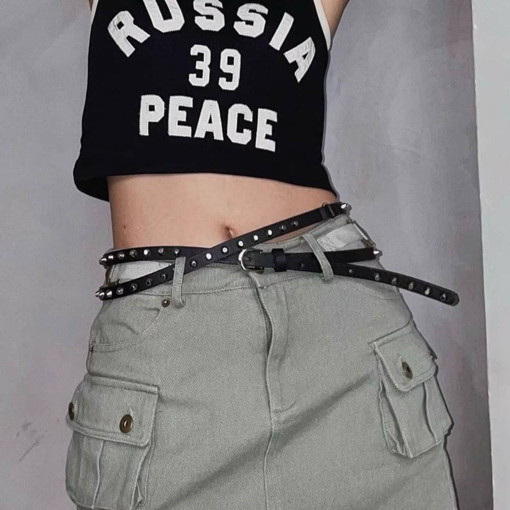 Thin Leather Waist Belt Double Loop Dress Jeans Belt Punk Women's Rivet Belt Spicy Girls