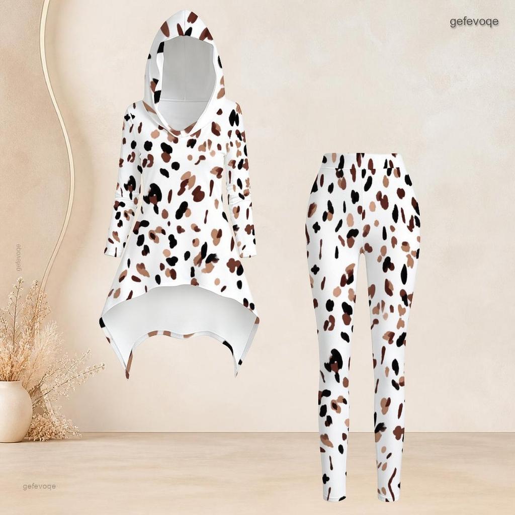 Women Plus Size White Printed Hooded Long Sleeve High Low Top Fitted Pants Two Piece Set
