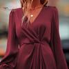 Women Dress Irregular Slit Hem High Waist Pleated Long Puff Sleeves Solid Color V Neck Formal Party Banquet Maxi Dress