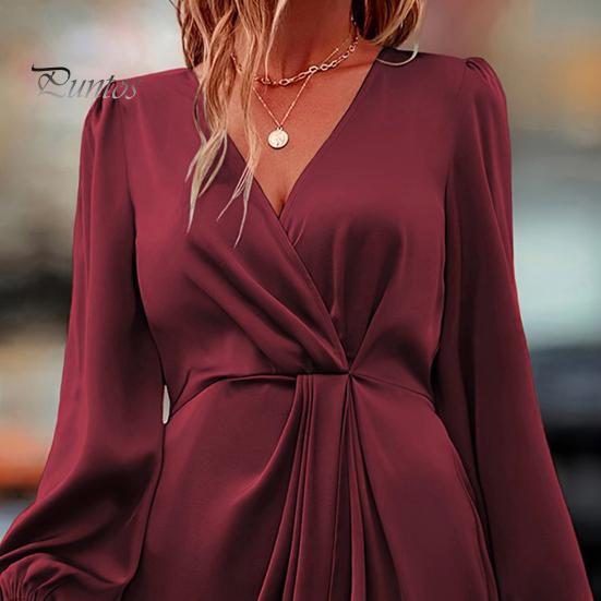 Women Dress Irregular Slit Hem High Waist Pleated Long Puff Sleeves Solid Color V Neck Formal Party Banquet Maxi Dress