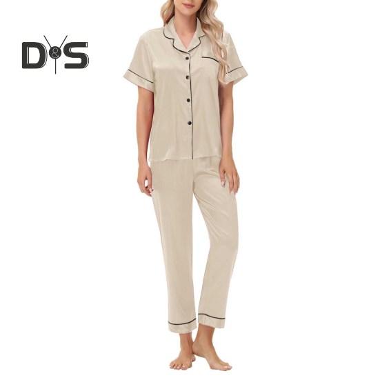 Пижамный костюм из 2 предметов, однобортный, из атласа, шелка, большого размера, кардиган, рубашка с V-образным вырезом, воротник-стойка, однотонная рубашка, широкие свободные брюки, ночная рубашка