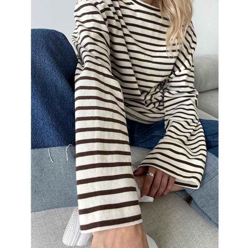 Женская полосатая футболка Hirsionsan с длинными рукавами, весна-лето 2023, большие футболки из 100% хлопка, женские повседневные шикарные футболки, топы для девочек