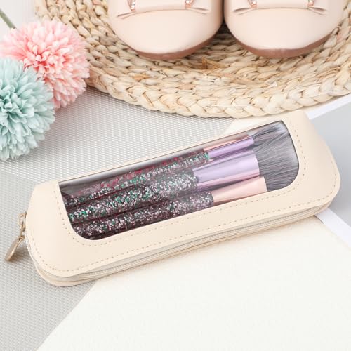 Beige Transparent Makeup Storage Bag Portable Waterproof PU Leather Makeup Brush Bag
