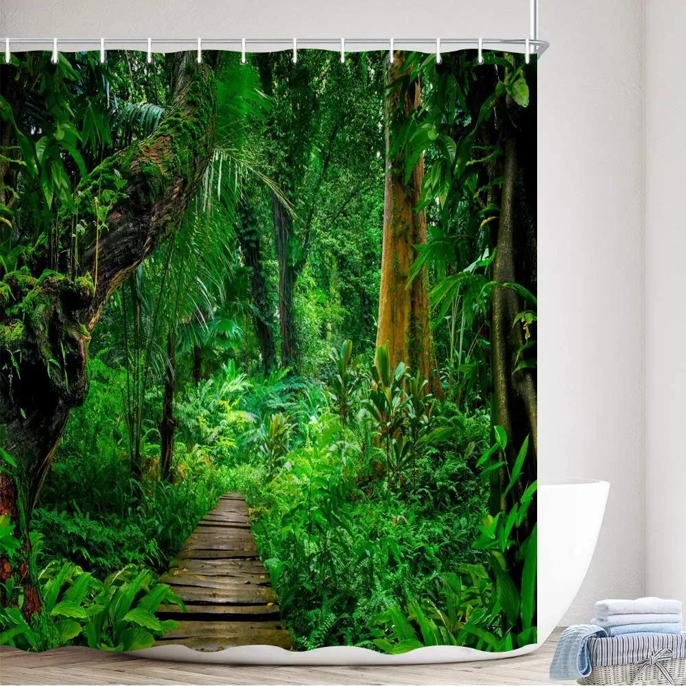 Tropical Rainforest Shower Curtains Forest Plants Rustic Nature Scenery Bath Curtain Garden Wall Hanging Bathroom Decor Hooks