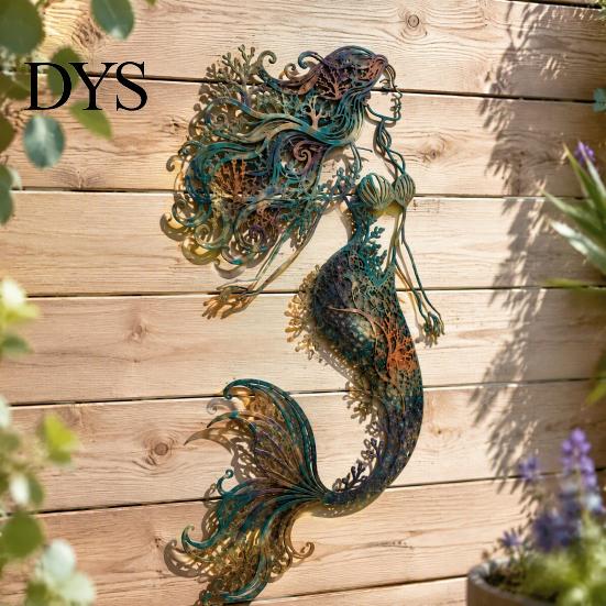 Beach House Wall Accents Metal Mermaid Decoration, Three-dimensional Hollow Iron Art Vintage Style Ocean Decor Sculpture, Retro Hanging Figures