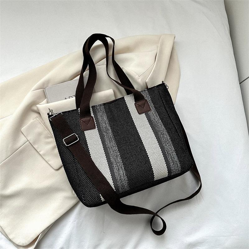 Big Bag Women's Fashion Striped Canvas Commuter Tote Stylish One-shoulder Crossbody Mommy Bag