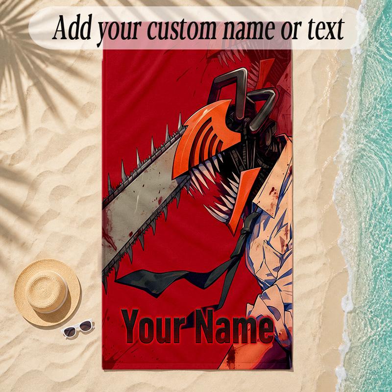 Beach TowelChainsaw Man Custom Name Text Personalized Soft Towel for Beach Pool Indoor Home Decor Gift