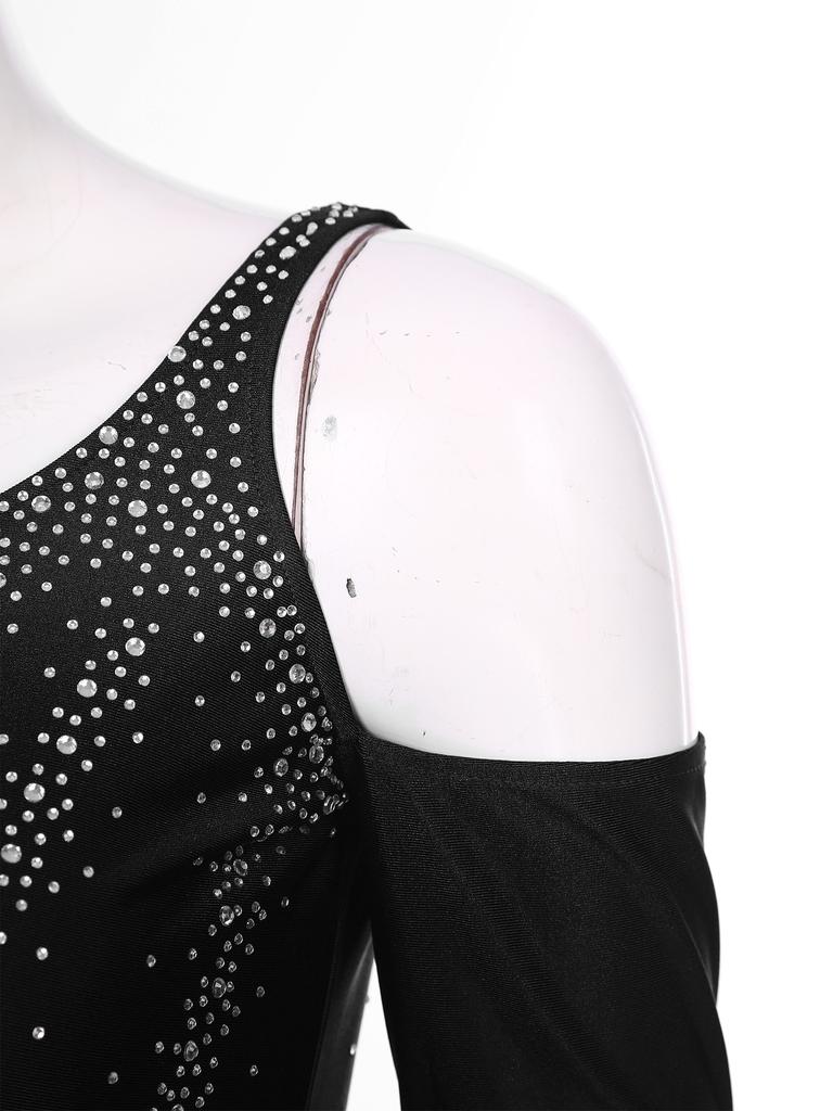 Женское бальное платье для танцев с V-образным вырезом, открытой спиной, открытыми плечами, блестящими стразами, расклешенным подолом, сценическое платье для выступлений