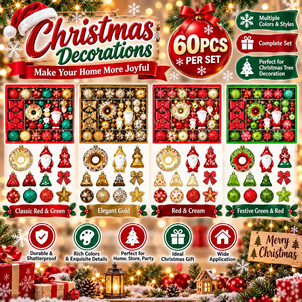 60Pcs Christmas Ornaments Set Shatterproof Xmas Tree Hanging Balls Snowflake Pendants Navidad Holiday 2026 Christmas Decoration