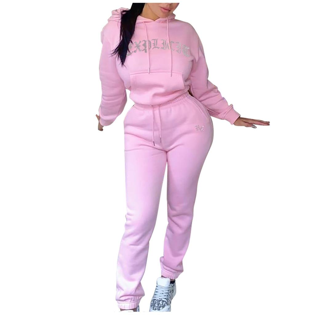 Women's Casual Fleece Long Sleeve Plus Size Printed Hoodie Trousers Sports Suit
