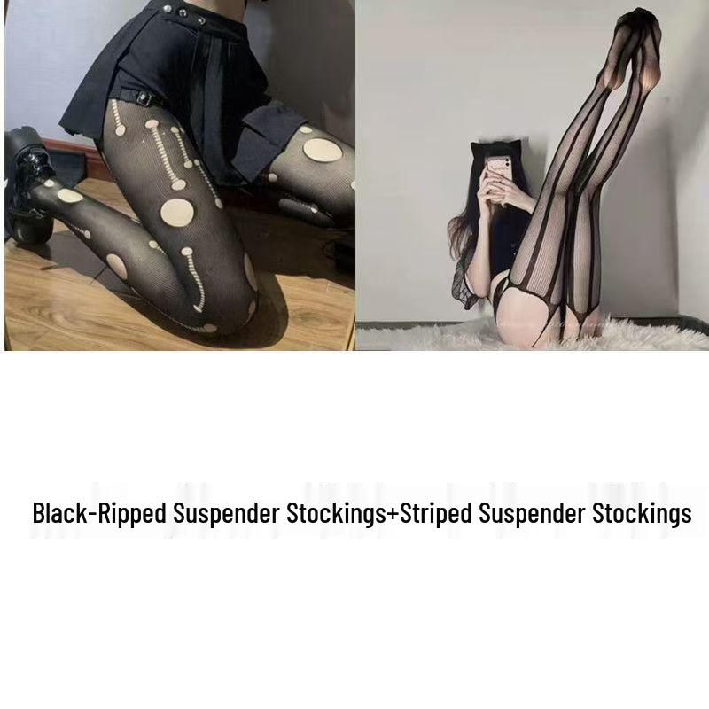 Винтажные черные шелковые чулки-сетка на подтяжках - Тонкие, рваные выше колена для весны и осени