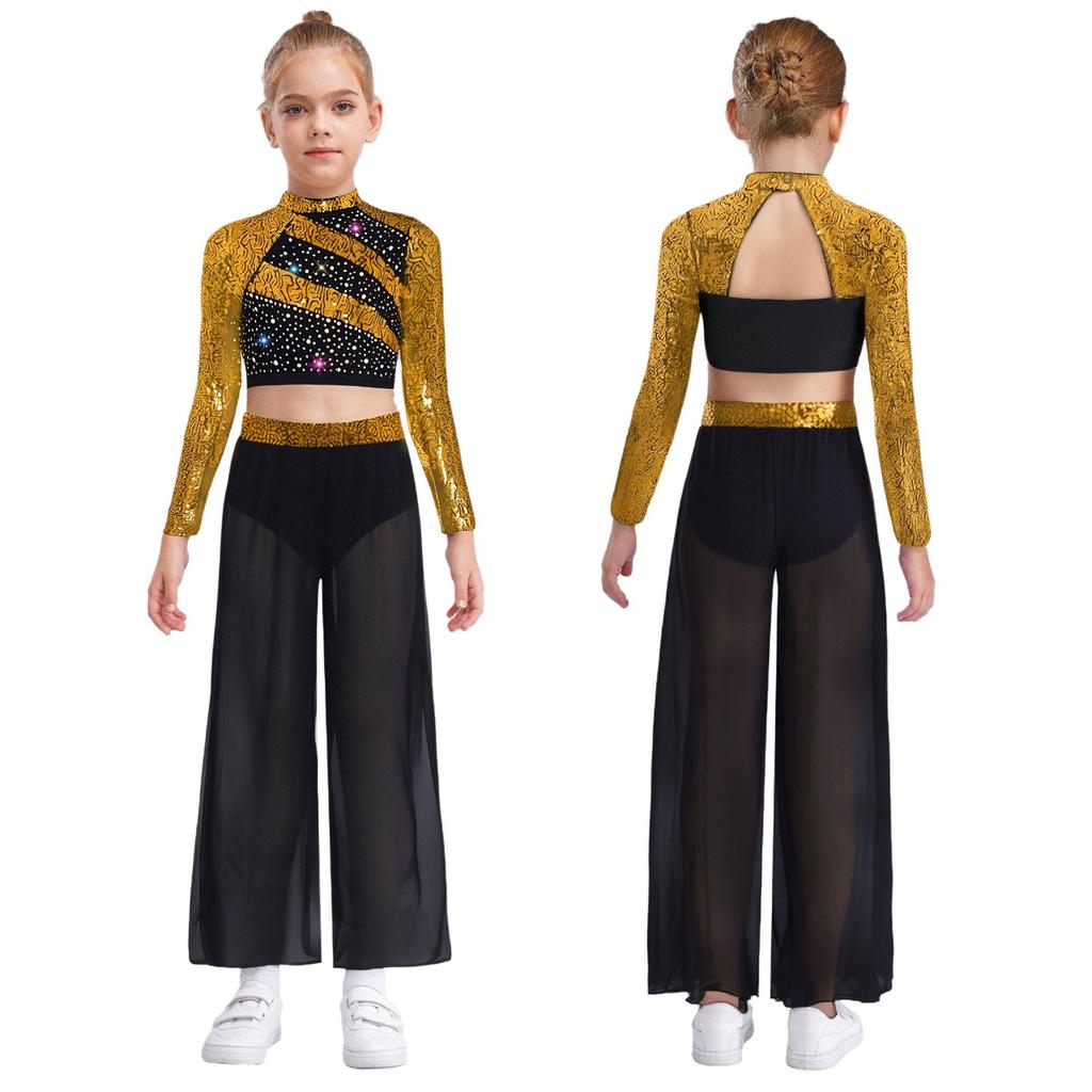 Girls Dance Two Piece Set Mock Neck Long Sleeved Sequins Cutout Back Crop Top with Chiffon Pants