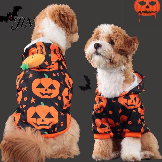 Loose Fit Dog Pullover Halloween Pumpkin Hoodie, Pet Sweatshirt Autumn Pullover, Hooded T-shirt for Small Medium Dogs Cats Orange Cuff Shirt