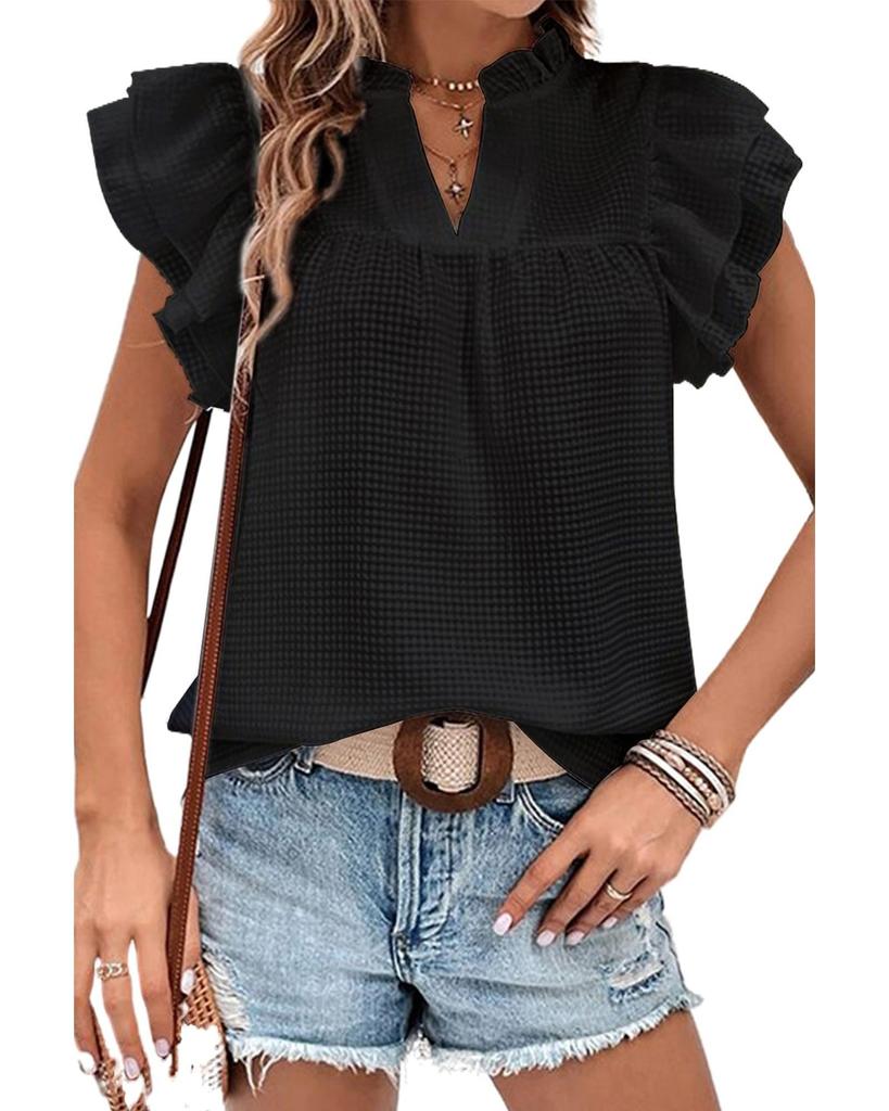 Azura Exchange Ruffle Flutter Sleeve Notch Neck Top