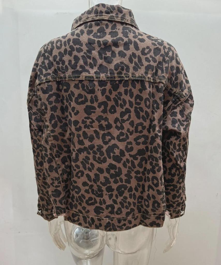 Женская модная джинсовая куртка 2024 года с леопардовым принтом и необработанными краями