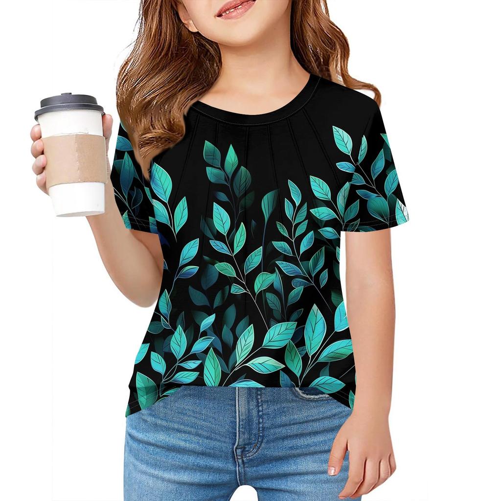 Детская футболка Fold A для девочек, летняя модная куртка с круглым воротником и цветочным принтом с короткими рукавами