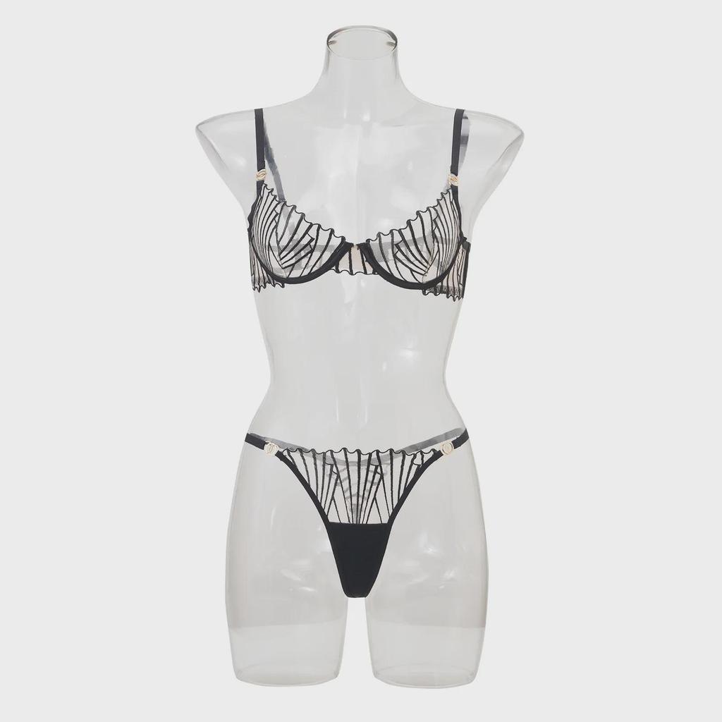 Ultra-Thin French Embroidered Mesh Bra & Thong Set - Women's Breathable, Gathered Fit.