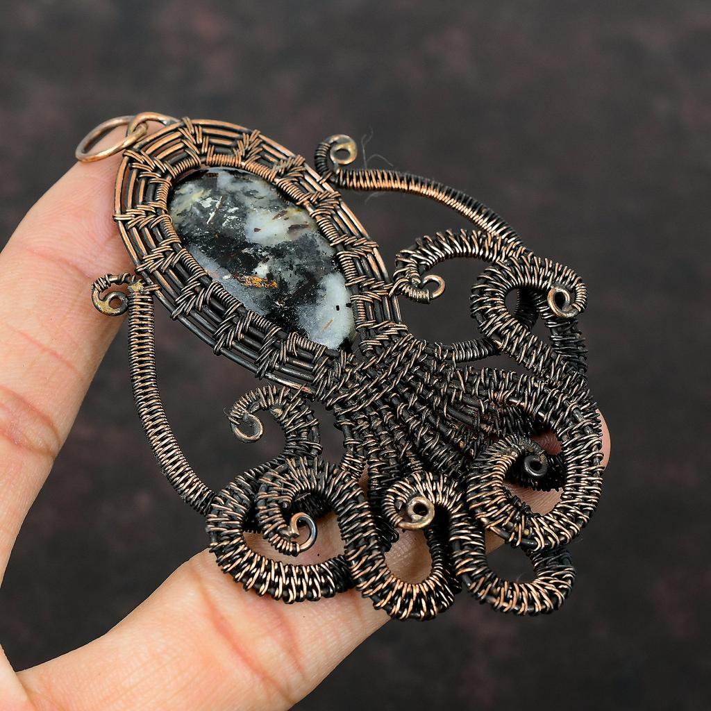 Подвеска из астрофиллита, медная проволочная обертка, настоящие драгоценные камни, подвеска в виде осьминога, проволочная бижутерия, медные украшения ручной работы, подарок для него
