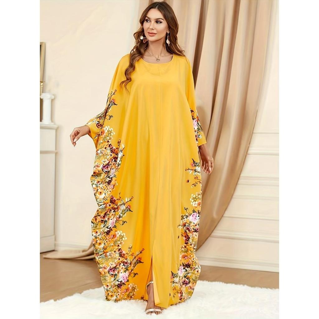 Ramadan Floral Print Crew Neck Kaftan, Elegant Batwing Sleeve Split Maxi Dress, Women's Clothing