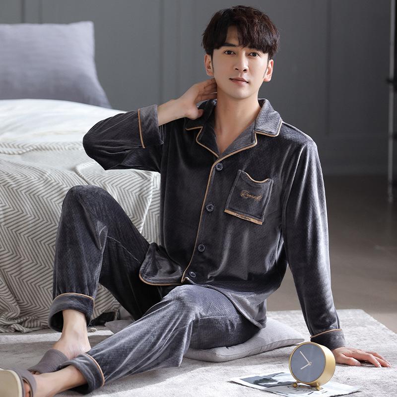 Пижама из флиса Island Мужская Осенне-зимняя Флисовая Утепленная из Кораллового Флиса Термодомашняя одежда Костюм Можно Носить на Улице