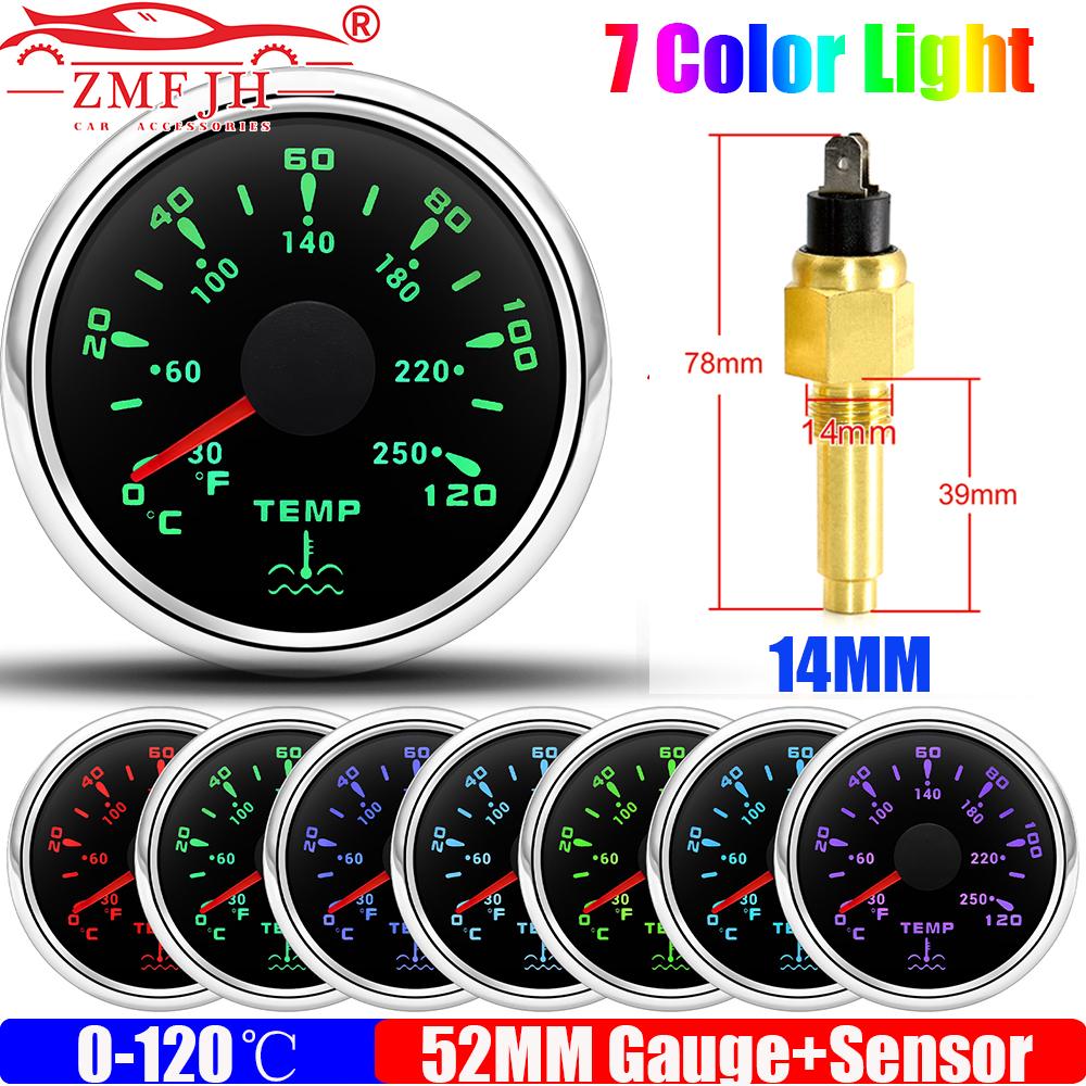 0~120℃,30~250℉ 52MM Water Temperature Gauge+Water Temp Sensor 10.2MM,12MM,16MM,17MM,21MM 7 Color Light for Boat Yacht Car 12V24V