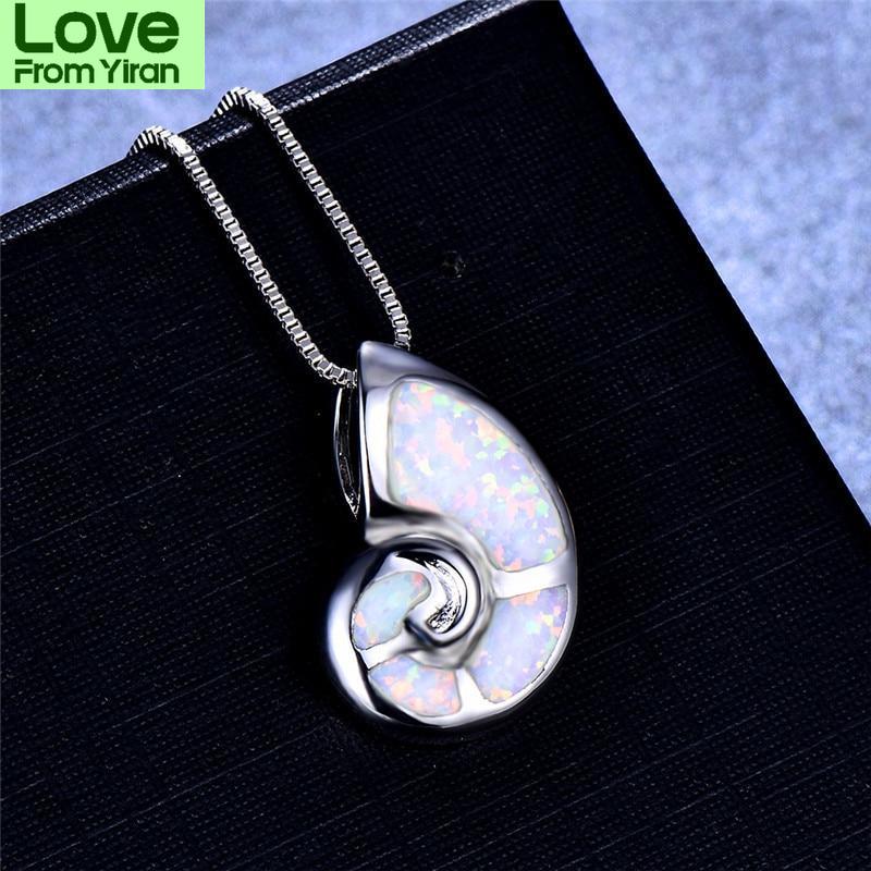 Female Cute Snails Pendant 925 Sterling Silver Blue White Fire Opal Necklaces For Women Shell Conch Necklace Girls Gifts