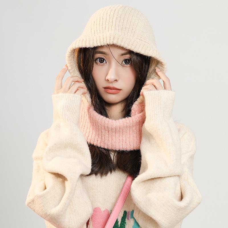 Осенне-зимняя шапка-балаклава Douyin, женская модная теплая шапка-шарф, интегрированная защита ушей, муфта