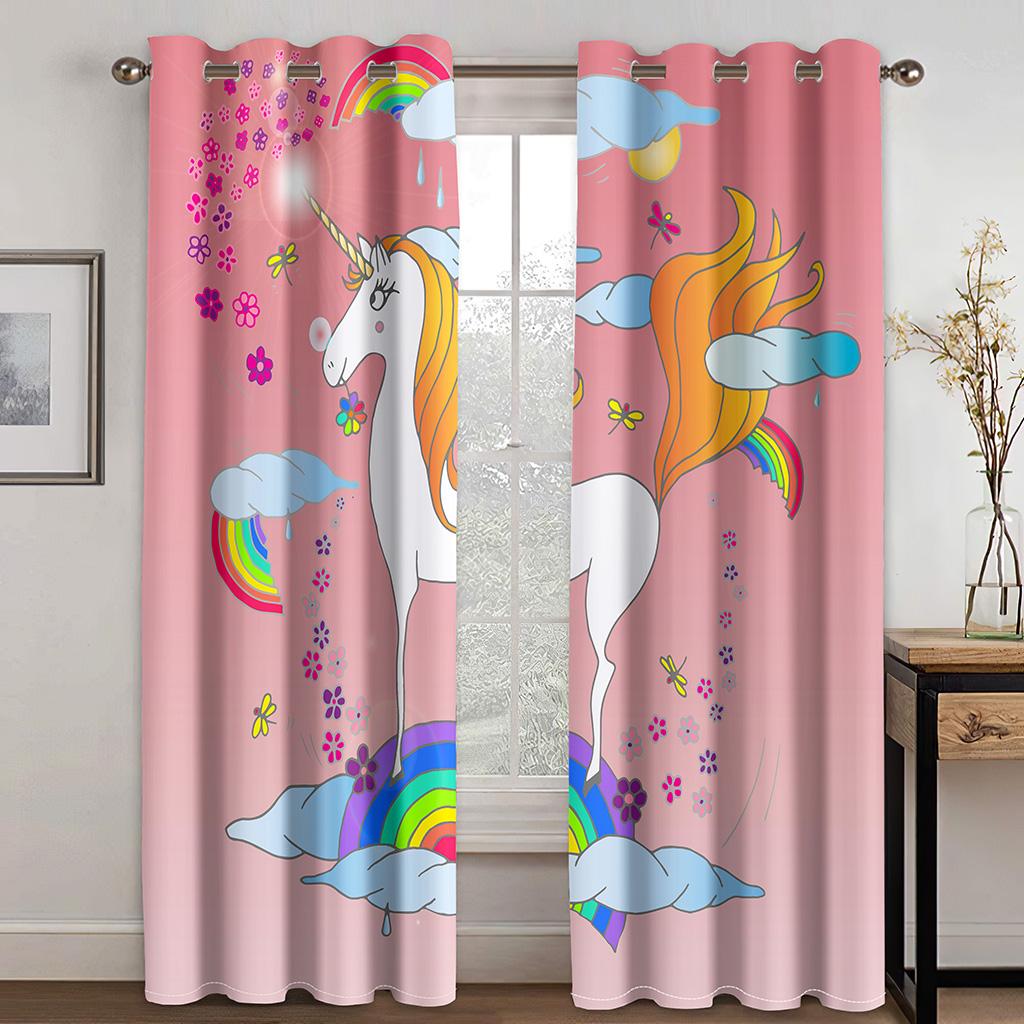 Children's Favorite Unicorn Curtains Cartoon Rainbow Horse Curtains 2 Panel Girls Room Bedroom Living Room Window Decor Curtains